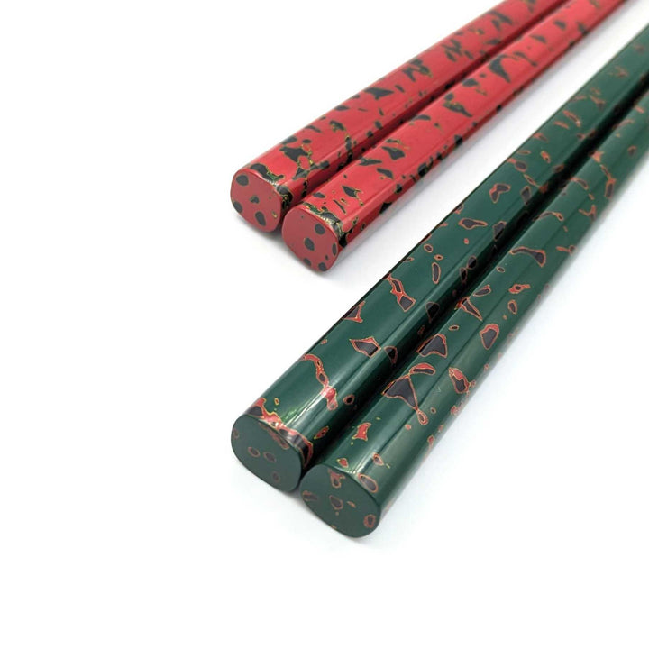 Tsugaru Lacquer Pair Chopsticks - Karu-nuri(Green＆Red) with anti-slip grip on the chopstick tips(Engravable)