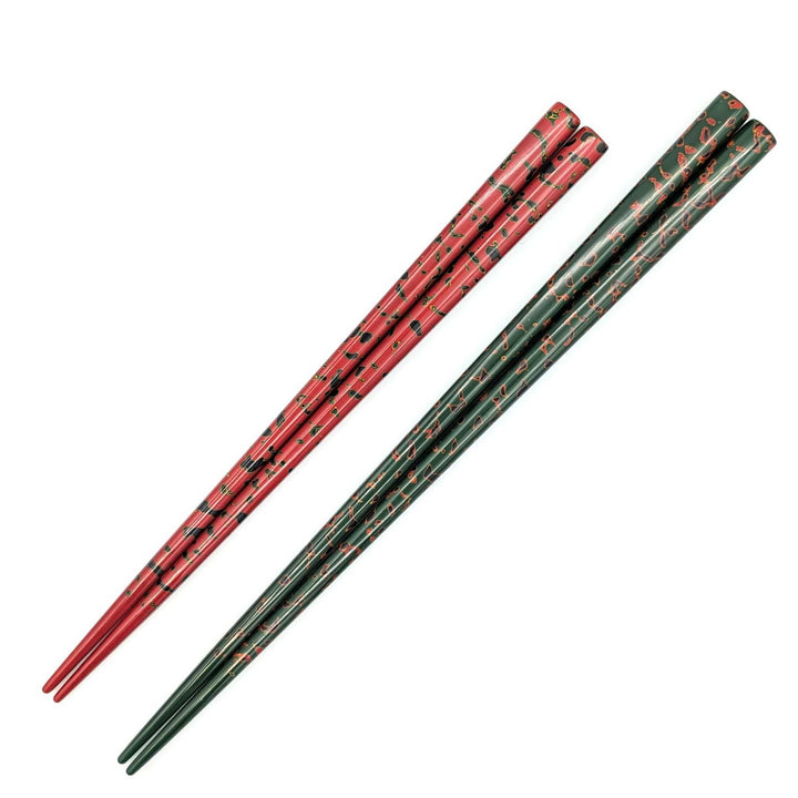 Tsugaru Lacquer Pair Chopsticks - Karu-nuri(Green＆Red) no anti-slip grip on the chopstick tips(Engravable)