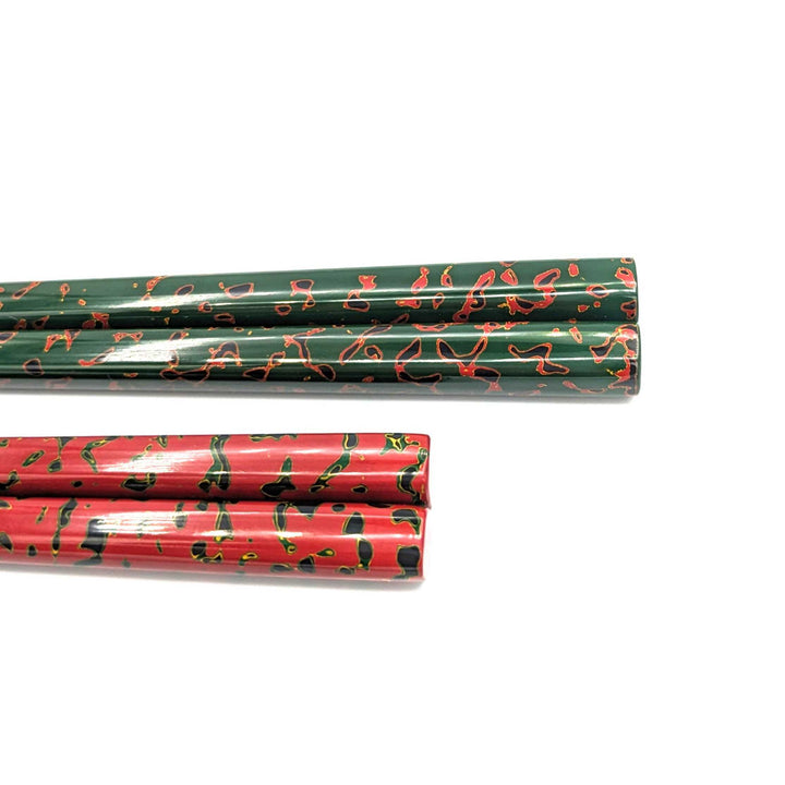 Tsugaru Lacquer Pair Chopsticks - Karu-nuri(Green＆Red) no anti-slip grip on the chopstick tips(Engravable)