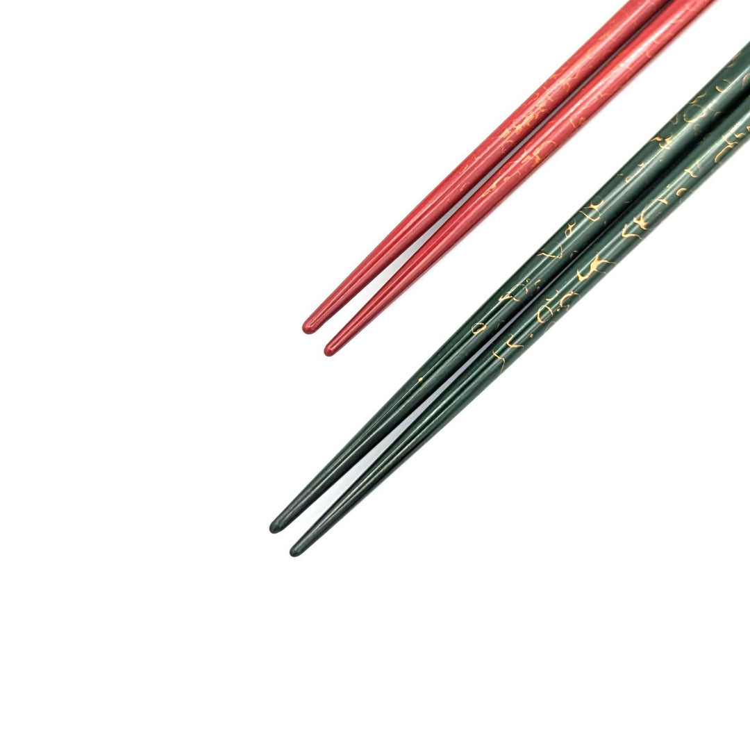 Tsugaru Lacquerware Pair Chopsticks - Gold Lacquered (Green＆Red) (Engravable)
