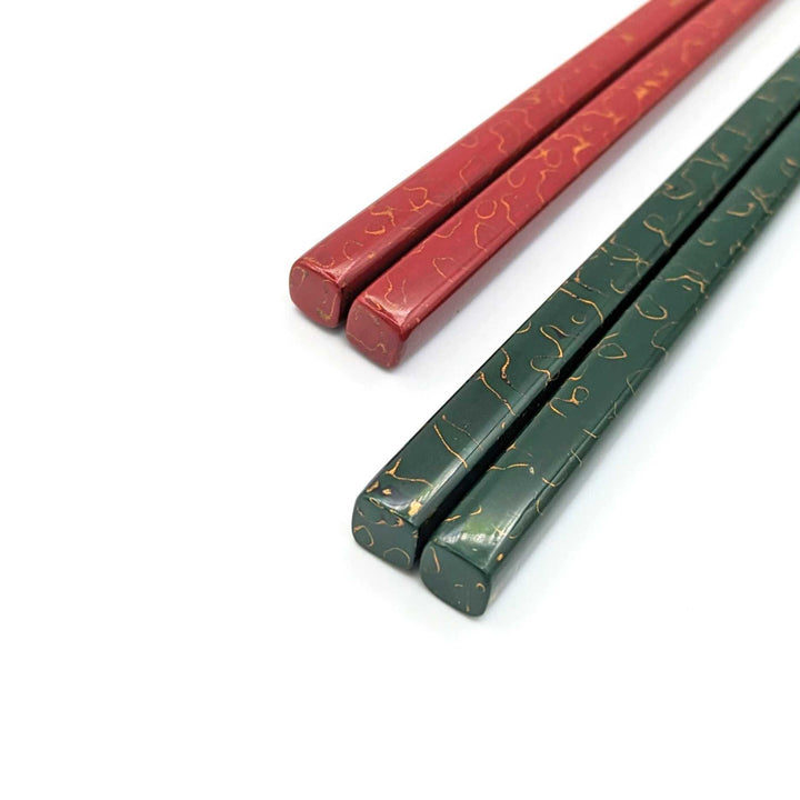 Tsugaru Lacquerware Pair Chopsticks - Gold Lacquered (Green＆Red) (Engravable)