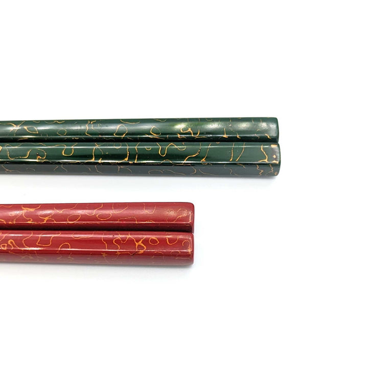 Tsugaru Lacquerware Pair Chopsticks - Gold Lacquered (Green＆Red) (Engravable)