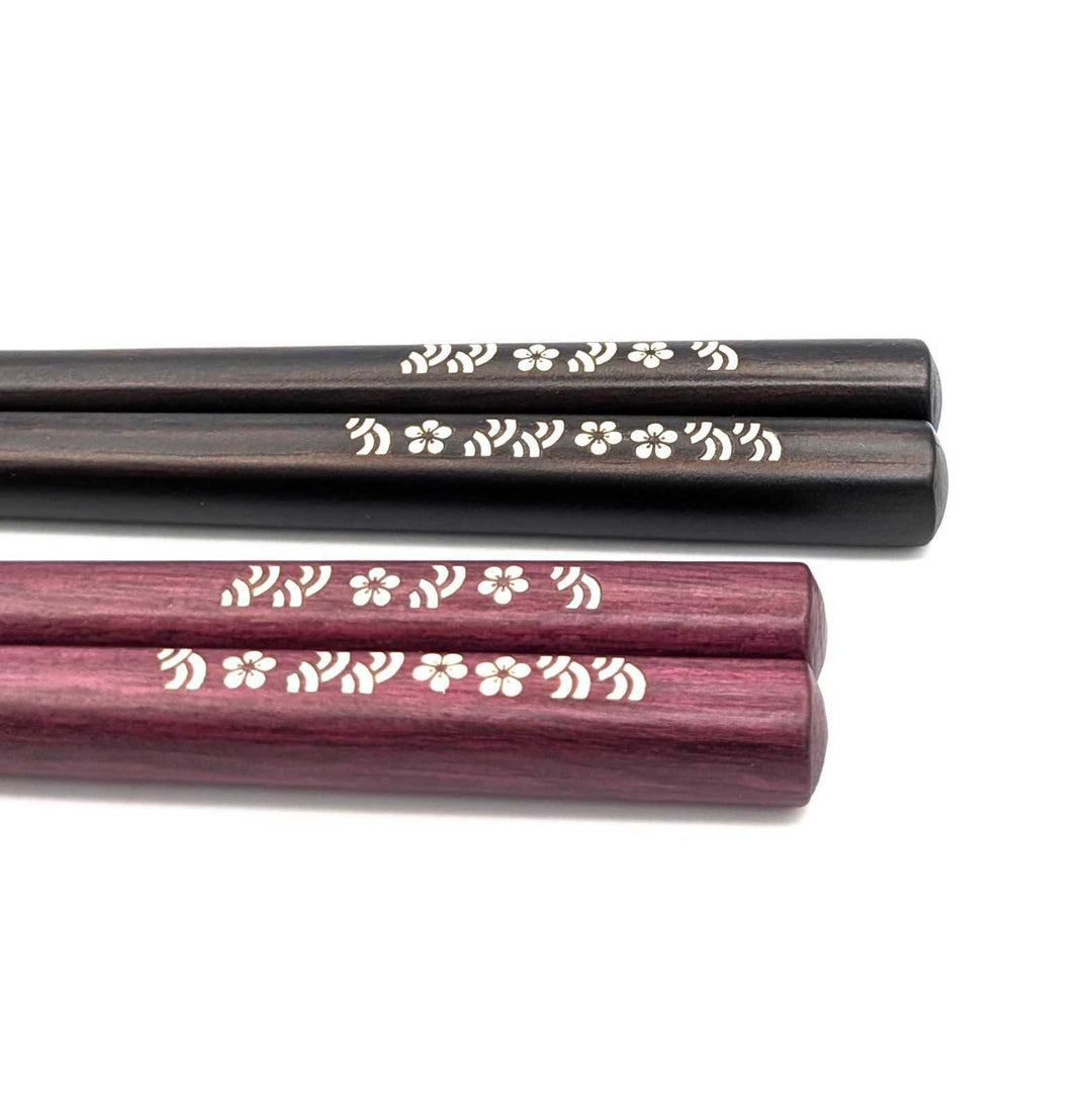 Shell Inlay Chopsticks – Plum Blossoms & Ocean Waves Motif on Ebony & Purpleheart (Engravable)