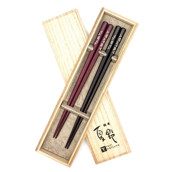 Shell Inlay Couples chopstick set in a wooden box – Plum Blossoms & Ocean Waves Motif (Engravable)