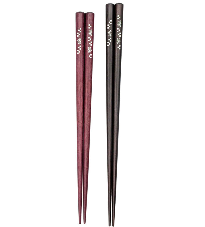 Shell Inlay Chopsticks – Chrysanthemum & Checkerboard Pattern on Ebony & Purpleheart (Engravable)
