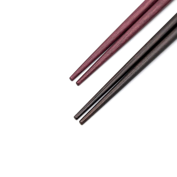 Shell Inlay Chopsticks – Chrysanthemum & Checkerboard Pattern on Ebony & Purpleheart (Engravable)