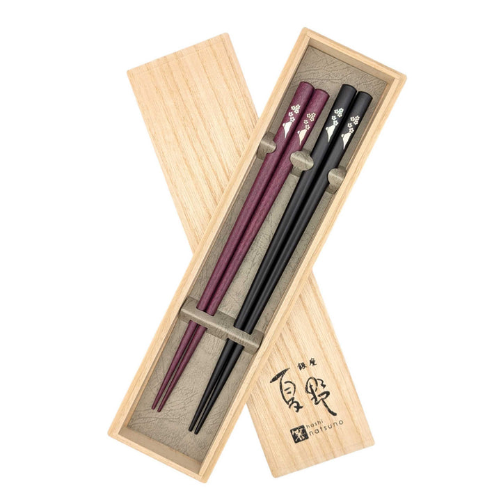 Shell Inlay Couples chopstick set in a wooden box – Mt.Fuji Sakura Motif (Engravable)