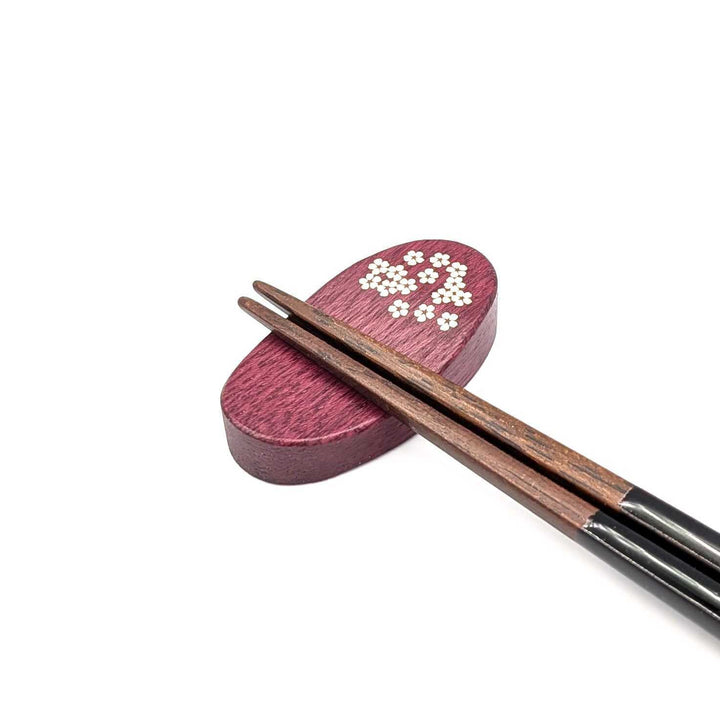 Purpleheart Wood Chopstick Rest with Mother-of-Pearl Seasonal and Auspicious Motifs