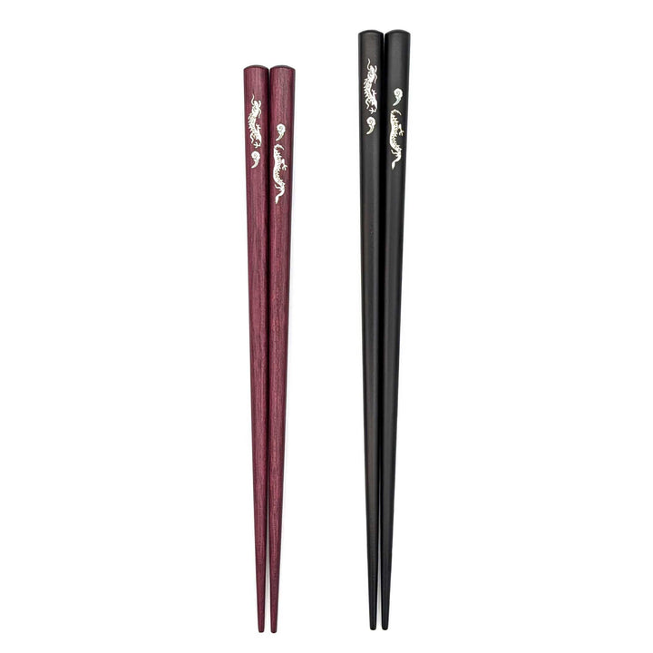 Shell Inlay Chopsticks – Rising Dragon Motif on Ebony & Purpleheart (Engravable)