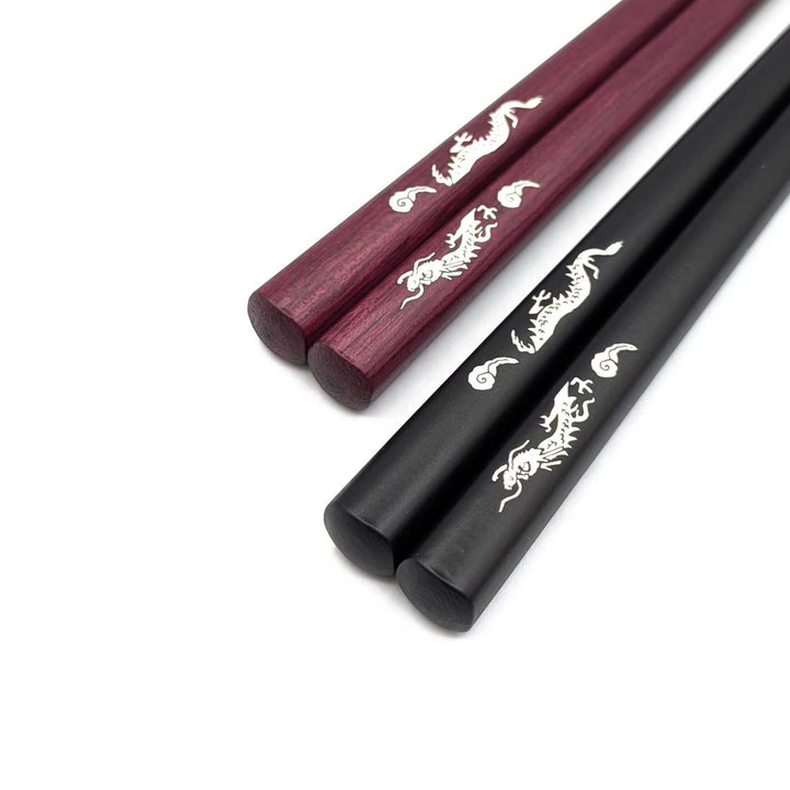 Shell Inlay Chopsticks – Rising Dragon Motif on Ebony & Purpleheart (Engravable)