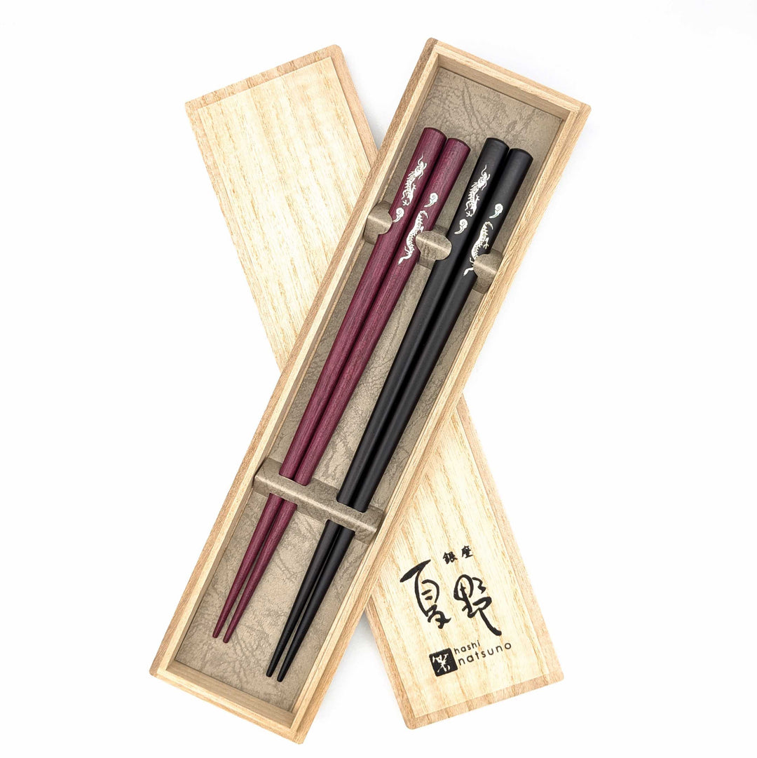 Shell Inlay Couples chopstick set in a wooden box – Rising Dragon Motif (Engravable)