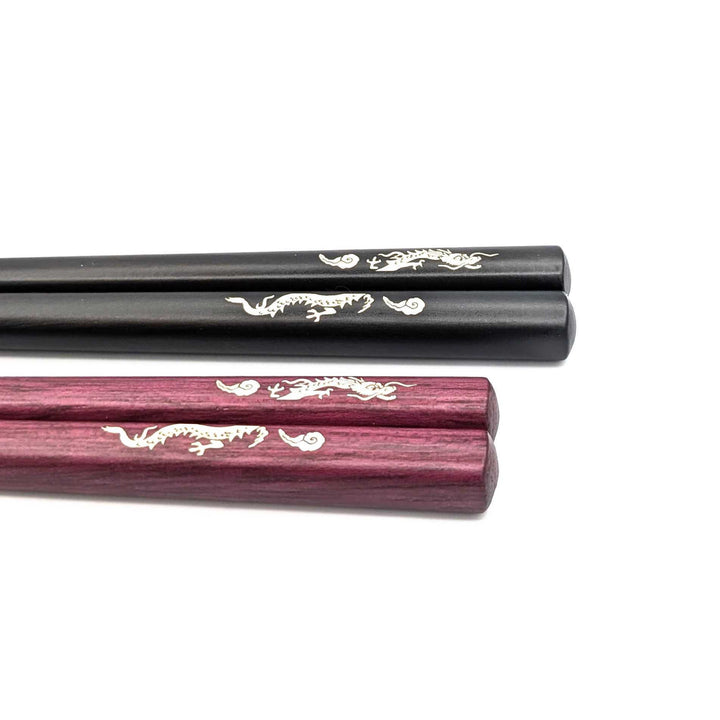Shell Inlay Couples chopstick set in a wooden box – Rising Dragon Motif (Engravable)