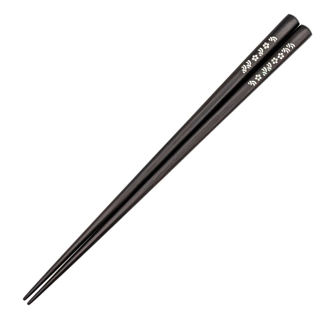 Shell Inlay Chopsticks – Plum Blossoms & Ocean Waves Motif on Ebony & Purpleheart (Engravable)