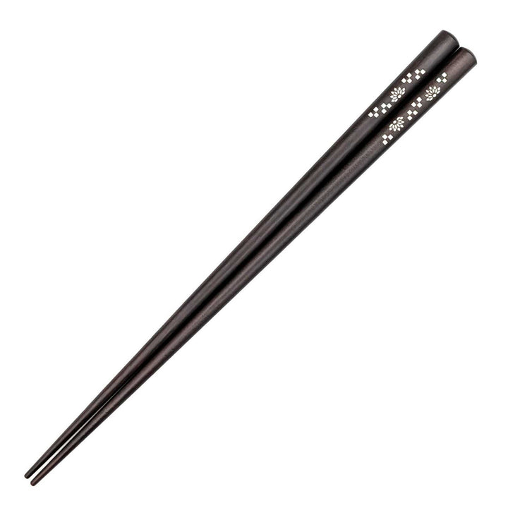 Shell Inlay Chopsticks – Chrysanthemum & Checkerboard Pattern on Ebony & Purpleheart (Engravable)