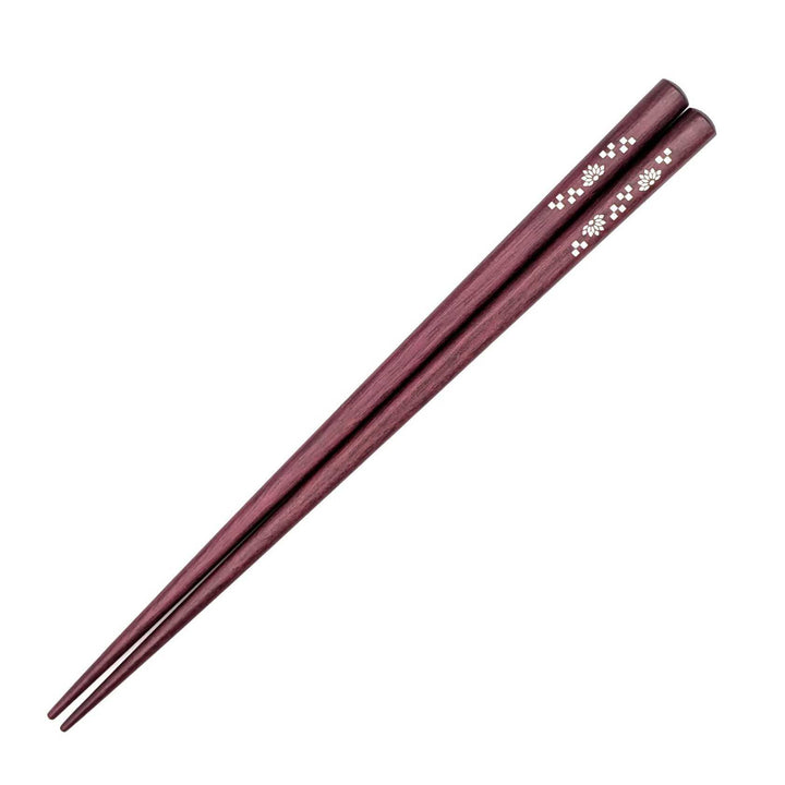 Shell Inlay Chopsticks – Chrysanthemum & Checkerboard Pattern on Ebony & Purpleheart (Engravable)