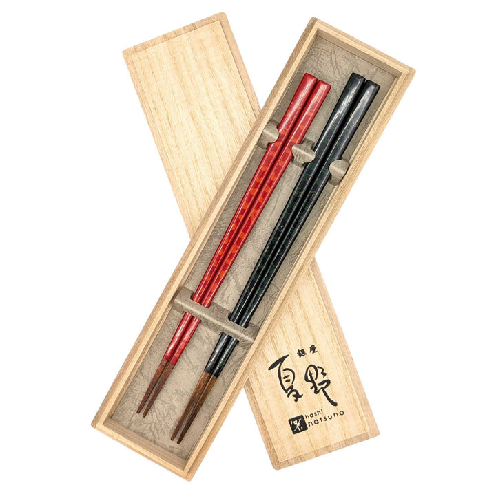 Tsugaru Lacquerware: Square Tip Kara-nuri Chopsticks set (Green＆ Red-Orange) in a wooden box (Engravable)