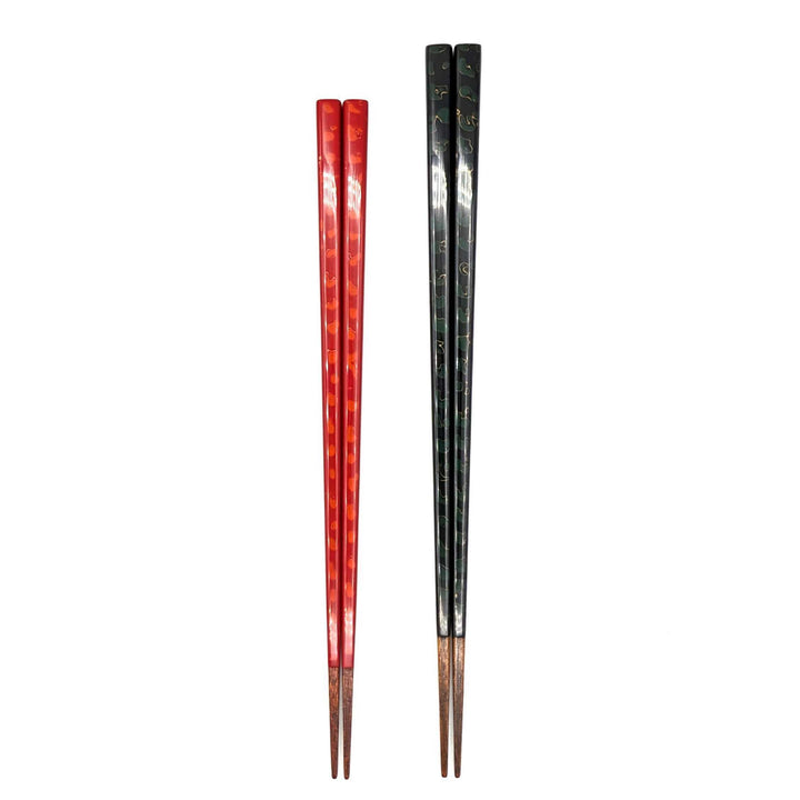 Tsugaru Lacquerware: Square Tip Kara-nuri Chopsticks set (Green＆ Red-Orange) in a wooden box (Engravable)