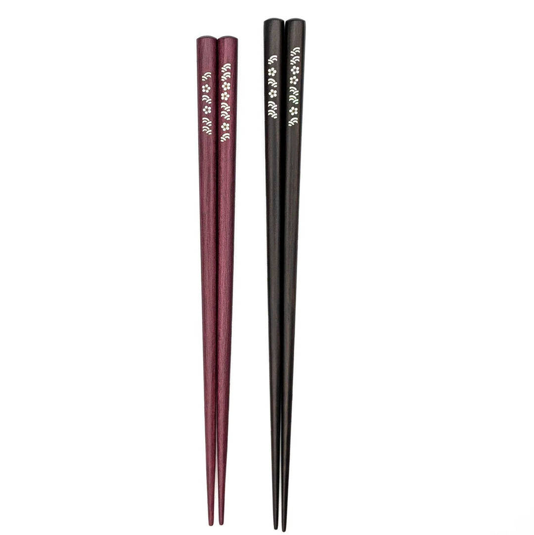Shell Inlay Couples chopstick set in a wooden box – Plum Blossoms & Ocean Waves Motif (Engravable)