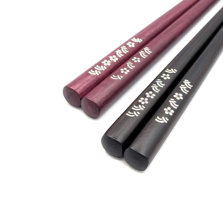 Shell Inlay Chopsticks – Plum Blossoms & Ocean Waves Motif on Ebony & Purpleheart (Engravable)